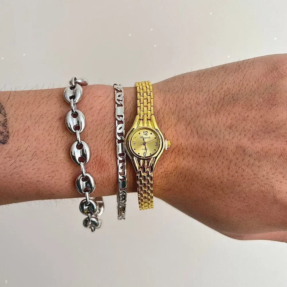 y2k gold round stainless steel quartz watch